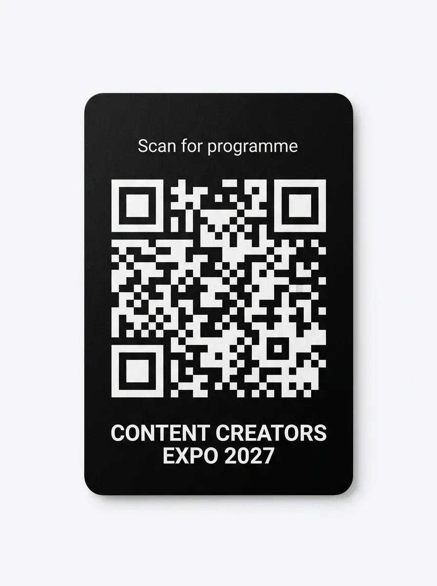 Content Creators Expo 2027 — back of badge with QR code
