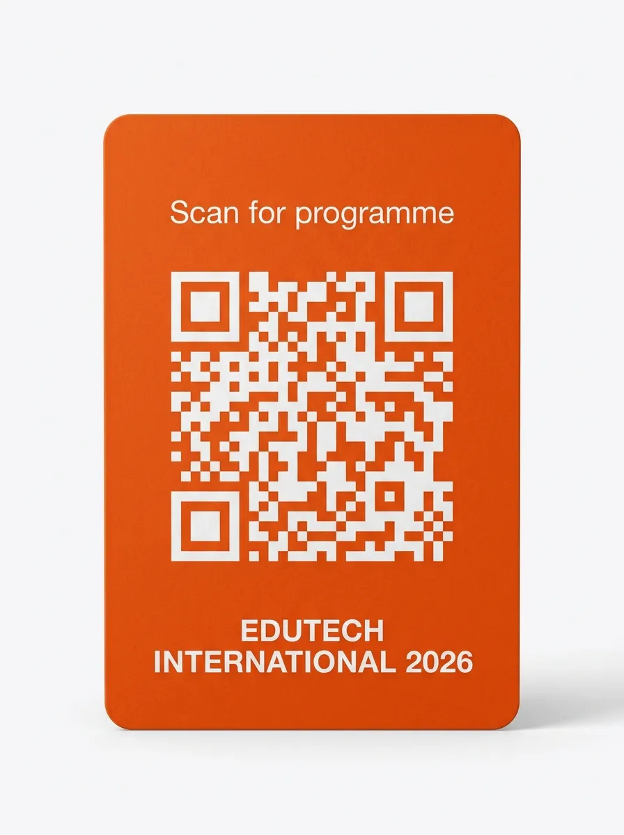EduTech International 2026 — back of badge with QR code