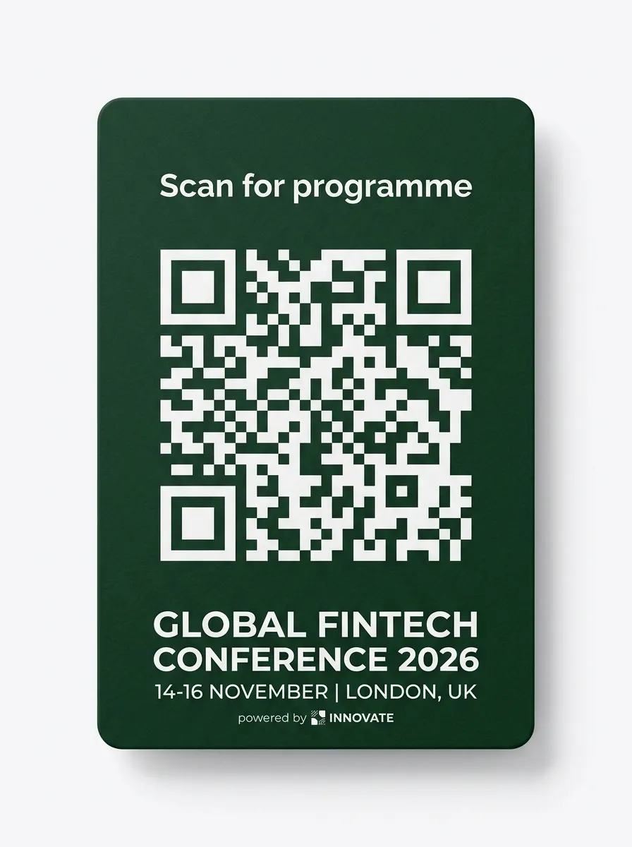 Global FinTech Conference 2026 — back of badge with QR code
