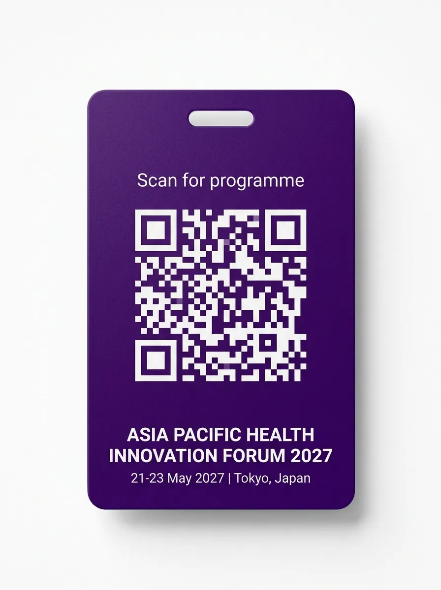 Asia Pacific Health Innovation Forum 2027 — back of badge with QR code