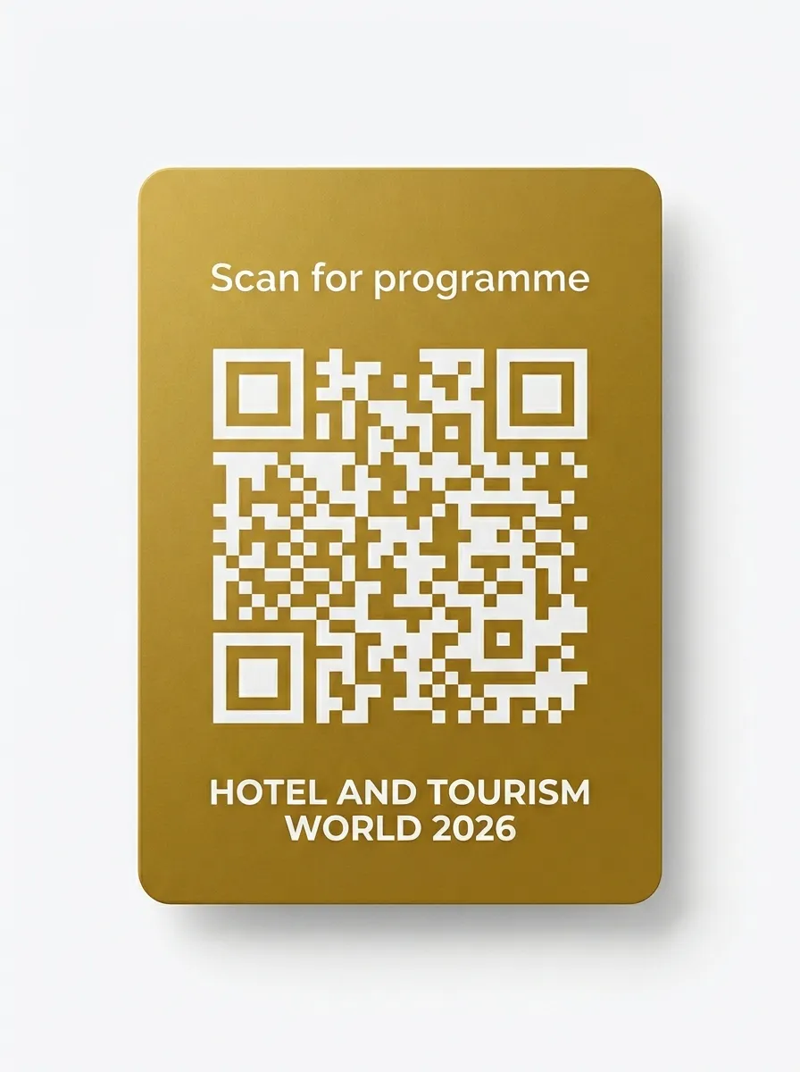 Hotel & Tourism World 2026 — back of badge with QR code