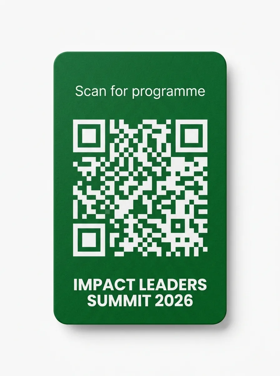 Impact Leaders Summit 2026 — back of badge with QR code