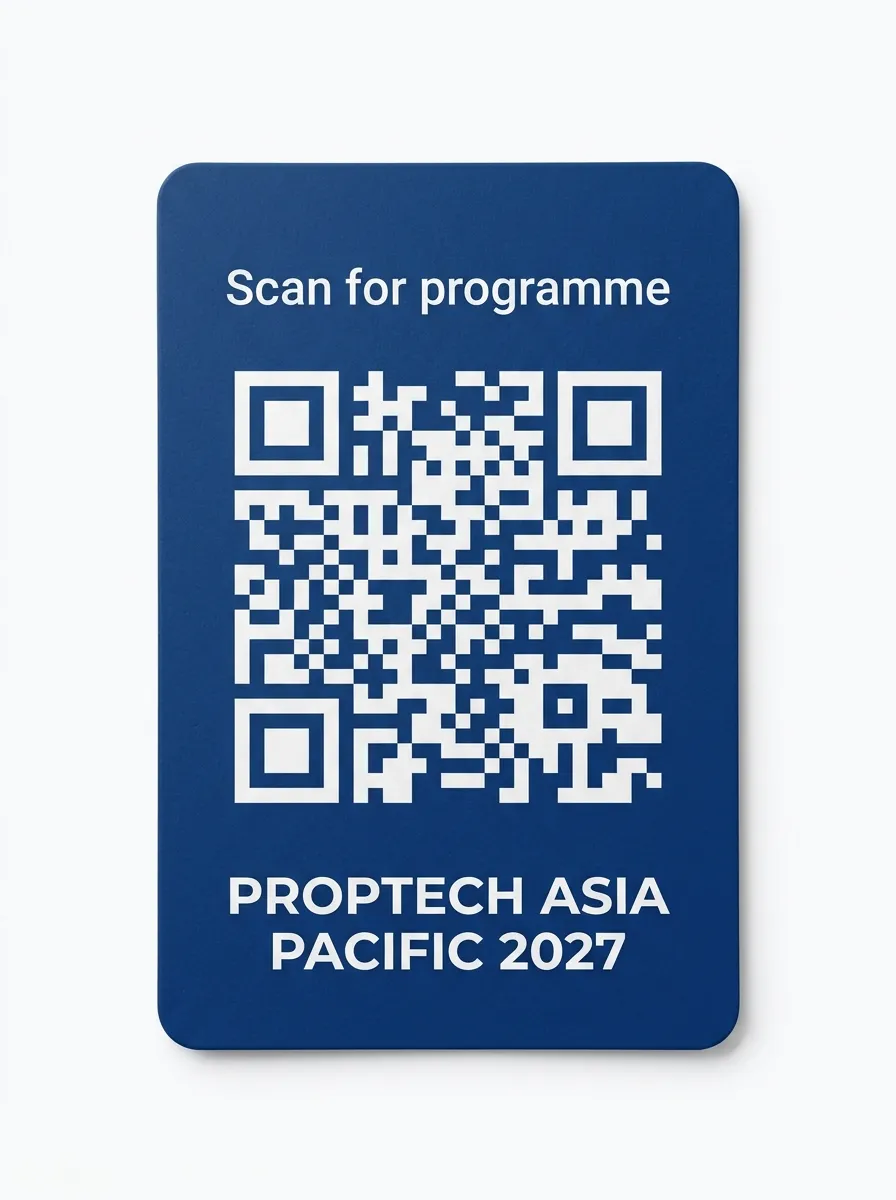 PropTech Asia Pacific 2027 — back of badge with QR code