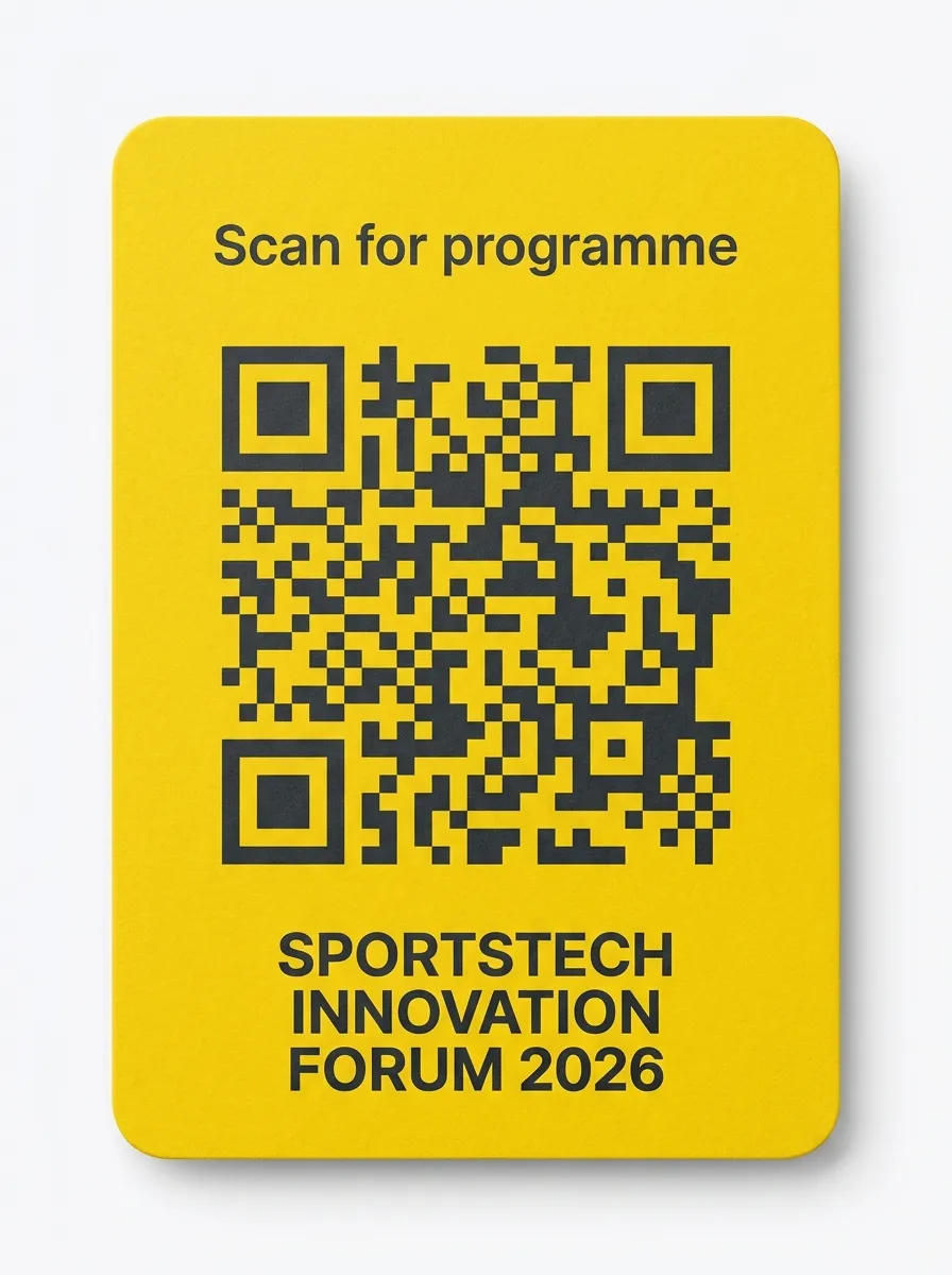 SportsTech Innovation Forum 2026 — back of badge with QR code