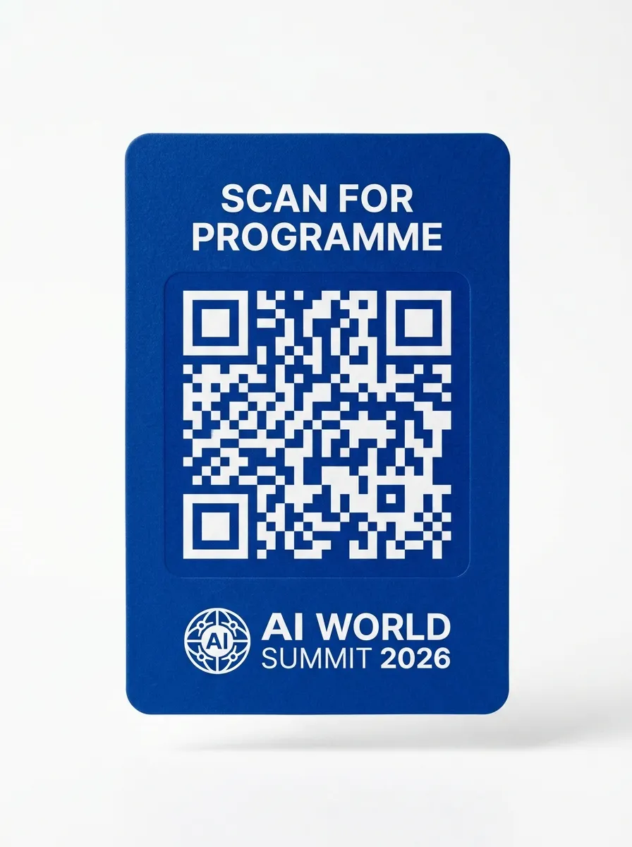 AI World Summit 2026 — back of badge with QR code