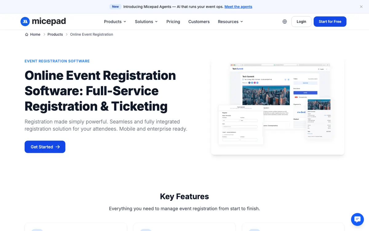 Micepad event registration software website screenshot