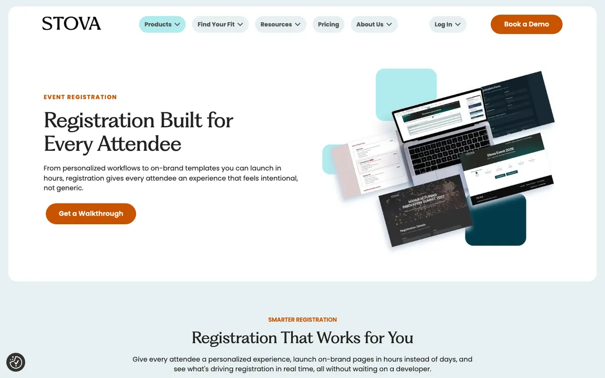 Stova event registration software website screenshot