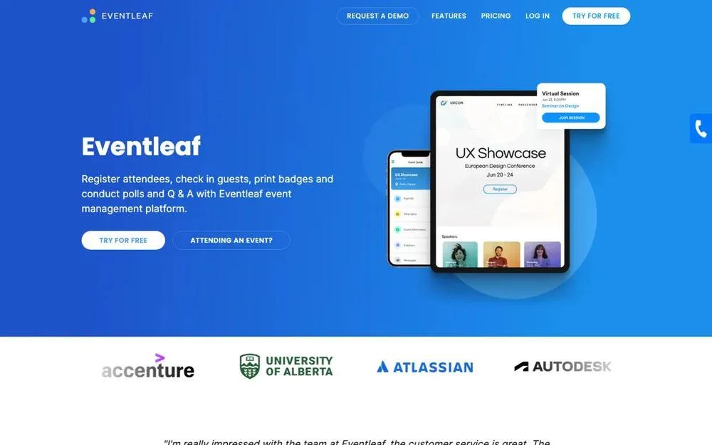 Eventleaf event registration software website screenshot