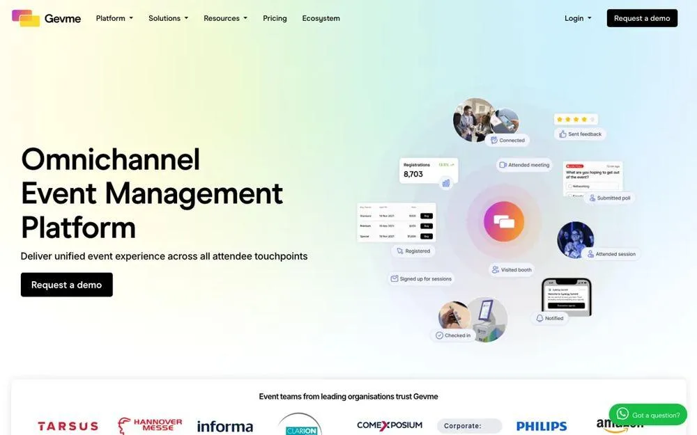 GEVME event registration software website screenshot