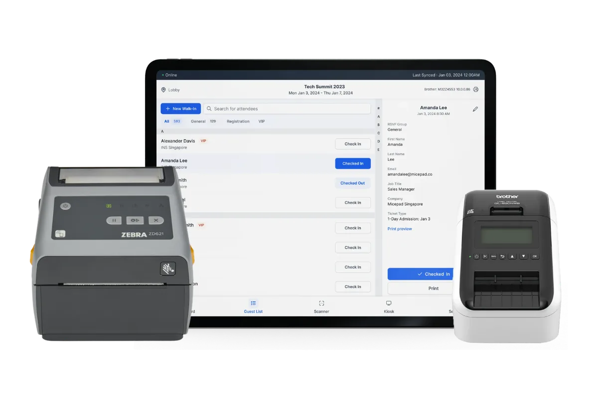 Micepad self-service event check-in kiosk with QR code scanning and on-demand badge printing