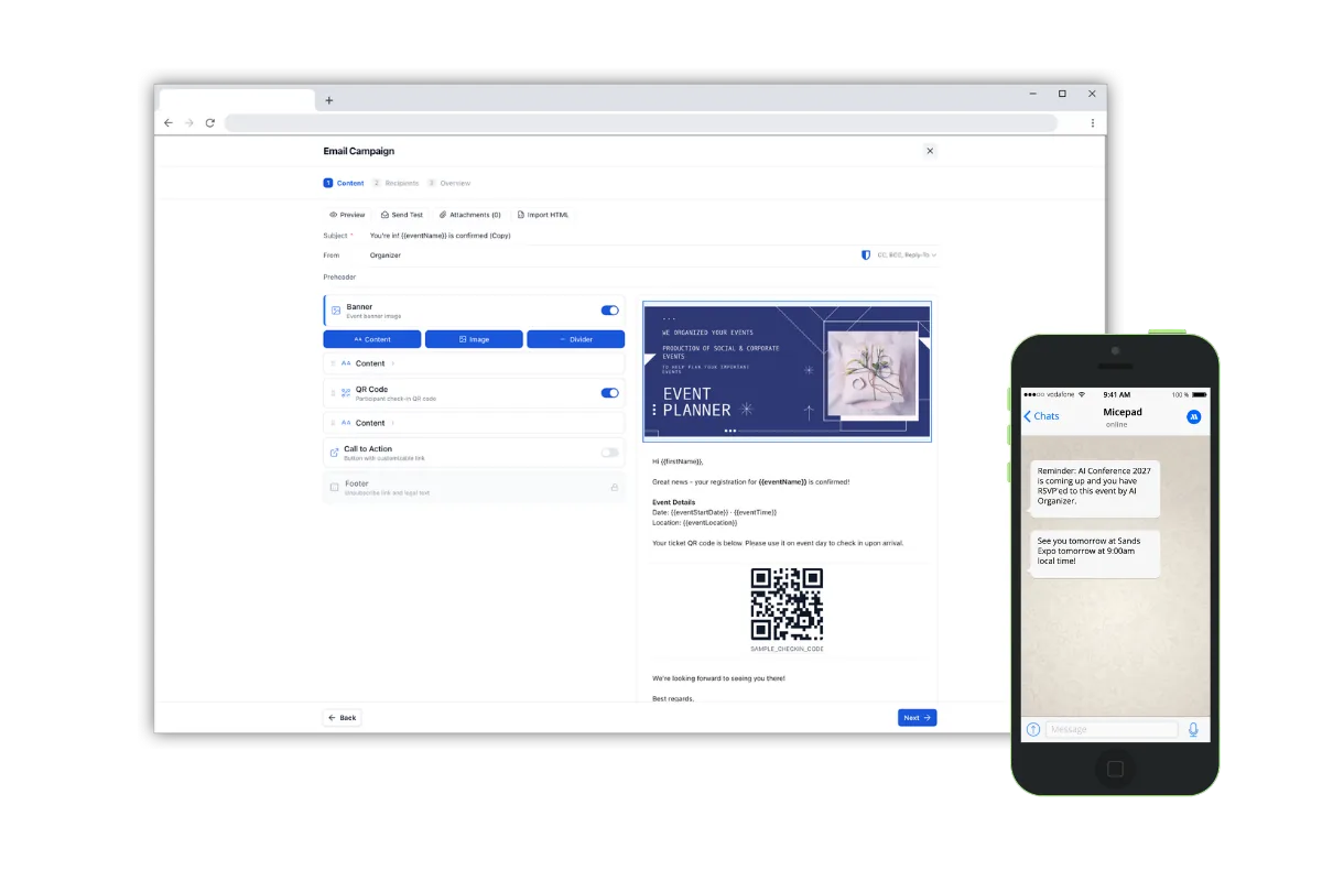 Micepad email and WhatsApp campaign tool for sending personalized event invitations and reminders